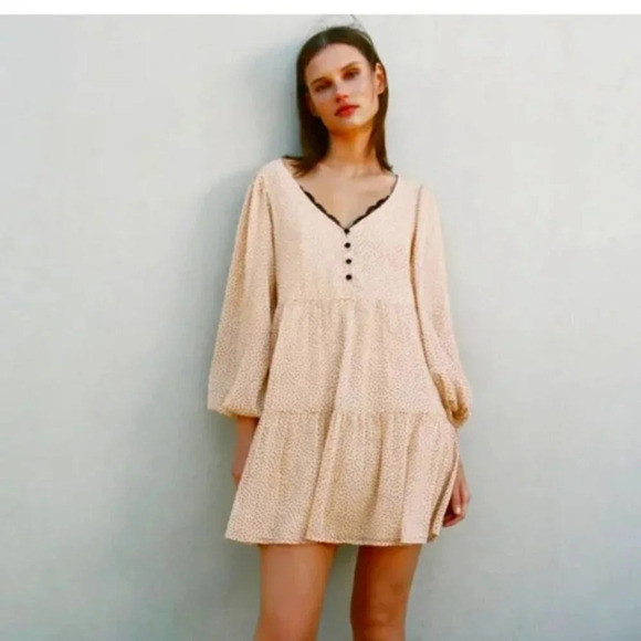 Zara Polka Dot Lace Trim Tiered Babydoll Mini Dress Beige Pink Sz Small - Picture 2 of 8